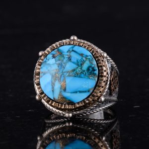 Gerçek Doğal Turkuaz Taşı ile Üretilmiş Gümüş Erkek Yüzük, Ayrıntılı Bronz Kaplama Aksamlar - Görsel 6