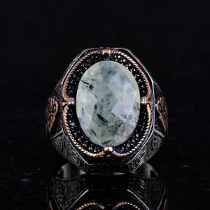 El Yapımı Prehnit Yeşim Taşı Yüzük - Şifa Veren 925 Ayar Gümüş Erkek Yüzüğü - Huzur ve İçgörü Tasarımı - Görsel 4