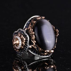 925 Ayar Gümüş Erkek Yüzük - Siyah Kedi Gözü Yapay Taş - Aslan Sembolü El Yapımı Yüzük - Görsel 5