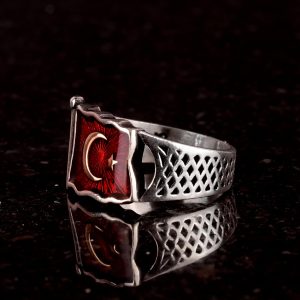 Ay Yıldız Bayrak Gümüş Erkek Yüzük, Türk Bayrağı Motifi Yüzük, 925 Ayar Gümüş Erkek Yüzük - Görsel 5