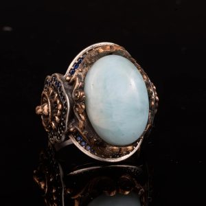 Gerçek Doğal Larimar Taşı Yüzük, Aslan Yüzüğü, 925 Ayar Gümüş Yüzük - Görsel 4