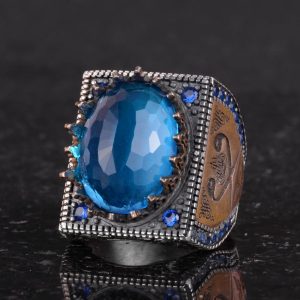 925 Ayar Gümüş İslami Yüzük, Yapay Taş Yüzük, El Yapımı Hat Yazılı Yüzük (Yapay Mavi Topaz) - Görsel 6