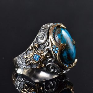 Erkek Yüzük, Gerçek Doğal Azurit Taş Yüzük, 925 Ayar Gümüş Yüzük Erkekler İçin, Yığma Yüzük Mavi - Görsel 4