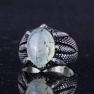 Gerçek Doğal Prehnit Yeşim Taşı ile Sterlin Gümüş Pençe Yüzük – Terazi için El Yapımı Yüzük, Barış ve Spiritüel Bağlantı - Görsel 6