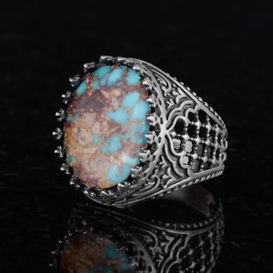 Sultan Yüzük, Gerçek Doğal Turkuaz Taş Yüzük, 925 Ayar Gümüş Yüzük Erkekler İçin - Görsel 4