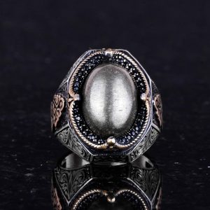 925 Ayar Katı Gümüş Erkek Yüzük - El Yapımı Pirit Taş Yüzük, Refah Manifestasyonu Tasarımı - Görsel 3