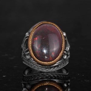 Gerçek Doğal Opal Taşlı Yüzük - 925 Ayar Gümüş Erkek Yüzüğü - İki Kılıç Desenli El Yapımı Yüzük - Görsel 4