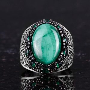 Gerçek Doğal Malakit Taşı Yüzük - 925 Ayar Gümüş El Yapımı Erkek Takısı - Görsel 4