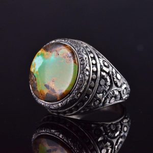 El Yapımı Turkuaz Taş Yüzük, 925 Ayar Gümüş Erkek Yüzüğü, Vintage Çiçek Tasarımı - Görsel 3