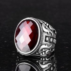 Yapılmış Taş Yüzük, 925 Ayar Gümüş Yüzük, Tasarım Gümüş Erkek Yüzüğü (Yapılmış Granat Taşı) - Görsel 3