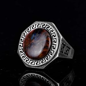Gerçek Doğal Taş Yüzük - 925 Ayar Saf Gümüş El Yapımı Erkek Yüzük (Pietersite) - Görsel 6