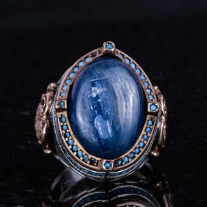 925 Ayar Gümüş Yüzük, Doğal Kyanit Taşı ile El Yapımı Erkek Yüzük, Vintage Tasarım - Görsel 4