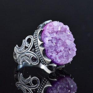 Gerçek Drusy Kuvars Taş Yüzük, 925 Ayar Gümüş Erkek Yüzük, El Yapımı Cesur Takı - Görsel 7