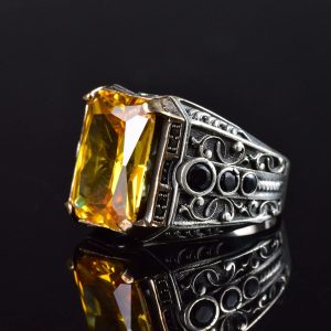 925 Ayar Gümüş Doğal Citrine Taşlı Erkek Gümüş Yüzük, Citrine Taşlı Erkek Yüzüğü, El Yapımı Oymalı Erkek Gümüş Yüzük, Türk Gümüş Yüzüğü, Sarı - Görsel 6