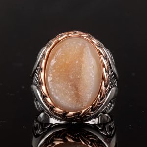 Gerçek Doğal Druzy Kristal Kuvars Taşı Yüzük, Doğum Taşı Yüzüğü, 925 Ayar Gümüş Yüzük (Sarı) - Görsel 4