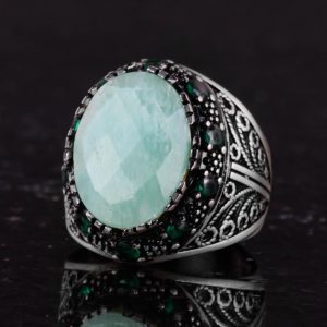 Gerçek Doğal Amazonit Taşı Yüzük - 925 Ayar Gümüş El Yapımı Erkek Takısı, Özgün Tasarım - Görsel 6