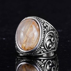 925 Ayar Katı Gümüş Erkek Yüzük, Gerçek Doğal Cabochon Altın Rutilat Kuvars Taşı Yüzük, Tasarım Gümüş Erkek Yüzük - Görsel 4