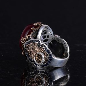 Doğal Cabochon Yakut Taşlı Yüzük, El Yapımı Aslan Başlı Erkek Yüzüğü - 925 Ayar Katı Gümüş Yüzük - Görsel 7