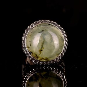 925 Ayar Gümüş Erkek Yüzük, Doğal Prehnit Taşı, Doku Detaylı Bant, Yeşil Prehnit Taşı - Görsel 5