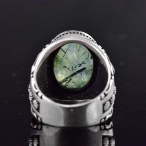 925 Ayar Gümüş Erkek Yüzük Doğal Prehnit Taşı ve Ayrıntılı Oymalı Tasarım ile - Görsel 7