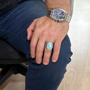 El Yapımı Doğal Larimar Taşlı Yüzük, 925K Katı Gümüş Erkek Yüzüğü, Okyanus Sakinliği Tasarımı - Görsel 3
