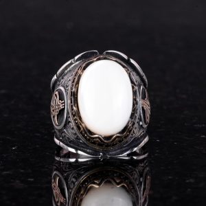 Osmanlı Tuğra Cabochon İnci Taş Yüzük, 925 Ayar Gümüş Yüzük Erkekler İçin, Farklı Yüzük - Görsel 4