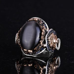 925 Ayar Gümüş Erkek Yüzük - Siyah Kedi Gözü Yapay Taş - Aslan Sembolü El Yapımı Yüzük - Görsel 6