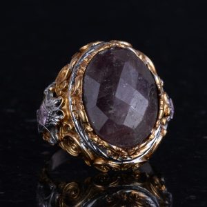 Gerçek Doğal Taş Yüzük - Erkekler için Sultan Yüzüğü - Altın Kaplama 925 Ayar Gümüş Yüzük - El Yapımı Yüzük (Kırmızı safir) - Görsel 5