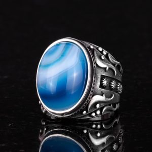 Doğal Mavi Ateş Kehribar Taşlı Yüzük, 925 Ayar Gümüş Yüzük Erkekler İçin, Tasarım Gümüş Erkek Yüzüğü - Görsel 6