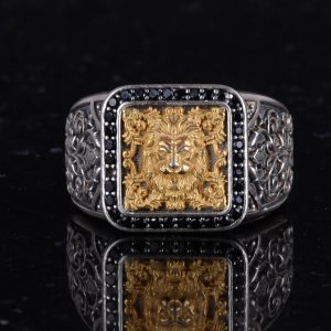 Altın Kaplama Aslan Başı Yüzük - 925 Ayar Gümüş Erkek Yüzüğü - El Yapımı Özel Yüzük - Görsel 4