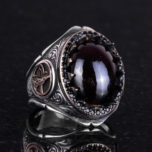 925 Ayar Katı Gümüş Erkek Yüzük Doğal Taşlarla - El Yapımı Şıklık (Granat Taşı) - Görsel 4