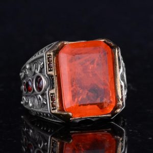 925 Ayar Gümüş El Yapımı Erkek Yüzük - Yapay Taş Yüzük - Erkek Yüzük (Yapay turuncu paraiba) - Görsel 5