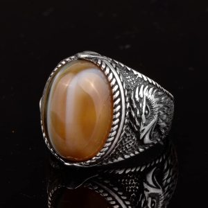 Gerçek Doğal Taş Erkek Yüzüğü, Kartal Yüzüğü, 925 Ayar Gümüş Yüzük (Akat) - Görsel 6