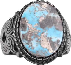 Gerçek Doğal Arizona Turkuaz Baykuş Figürlü Taş Yüzük, Sterlin Gümüş Erkek Yüzüğü - El Yapımı Tasarım (Stil-3)