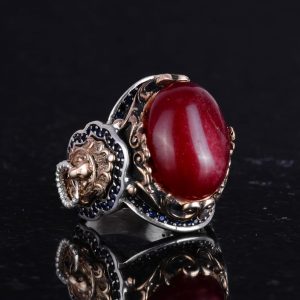 Doğal Cabochon Yakut Taşlı Yüzük, El Yapımı Aslan Başlı Erkek Yüzüğü - 925 Ayar Katı Gümüş Yüzük - Görsel 5