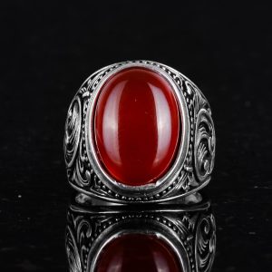 Doğal Kırmızı Akik Taş Yüzük - 925 Ayar Gerçek Gümüş Yüzük Erkekler İçin - Görsel 3