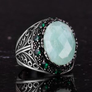 Gerçek Doğal Amazonit Taşı Yüzük - 925 Ayar Gümüş El Yapımı Erkek Takısı, Özgün Tasarım - Görsel 5