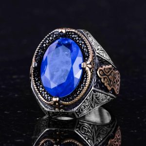 Navy Mavi Paraiba Yapay Taş Yüzük, 925 Ayar Gümüş Yüzük, Şık El Yapımı Gümüş Erkek Yüzüğü - Görsel 4