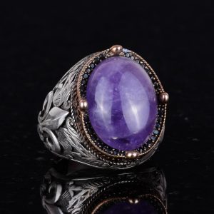 925 Ayar Gümüş El Yapımı Erkek Yüzük - Farklı Doğal Taşlarla Mevcuttur (Ametist) - Görsel 5