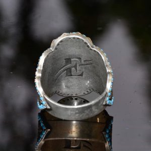 El Yapımı Mavi Kedi Gözü Yüzük Turkuaz Yapay Taş  ile - 925 Ayar Gümüş Erkek Takısı - Görsel 7