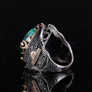 Doğal Malakit Taşlı Yüzük, 925K Saf Gümüş Erkek Yüzüğü - Görsel 6