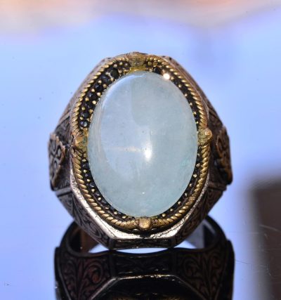 El Yapımı Vintage Tasarım Zümrüt Yüzük - 925 Ayar Gümüş Erkek Yüzük Altın Aksanlı (Akvamarin) - Görsel 5