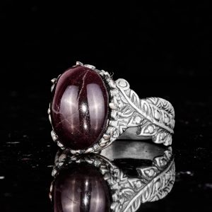 Erkekler için 925 Ayar Gümüş Yüzük ile Doğal Yıldız Garnet Taşı - El Yapımı Yaprak Desenli İfade Yüzüğü - Görsel 5