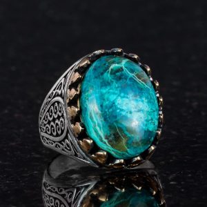 925K Katı Sterlin Gümüş Erkek Yüzüğü Doğal Taşlarla - El Yapımı Şıklık (Krisokolla Taşı) - Görsel 3