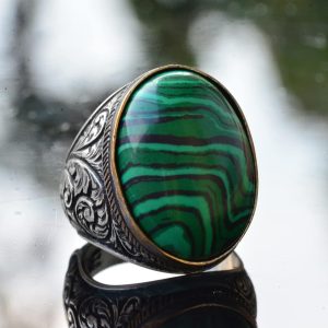 Doğal Malakit Taşı Erkek Yüzüğü - Büyük 925 Ayar Gümüş El Yapımı Yüzük - Görsel 3