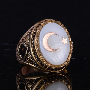 925 Ayar Gümüş Altın Kaplama Erkek Yüzük - Hilal ve Yıldız Tasarımı (Beyaz) - Görsel 5