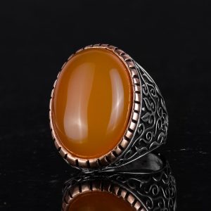 925 Ayar Sert Gümüş Yüzük, Doğal Taş Yüzük, Büyük Yüzük, Tasarım Gümüş Erkek Yüzüğü (Sarı Ağaç) - Görsel 5