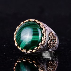 Gerçek Doğal Taş Yüzük - El Yapımı Kral Yüzüğü - 925 Ayar Gümüş Yüzük (Malakit) - Görsel 6