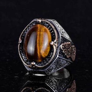 El Yapımı Cabochon Kaplan Gözlü Taş Yüzük - 925K Katı Gümüş Erkek Yüzüğü - Cesur Tasarım - Görsel 5