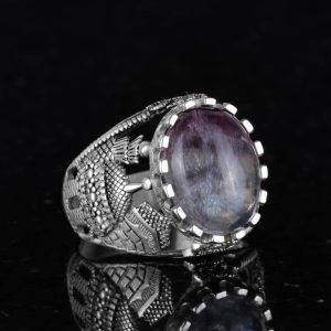 Gerçek Doğal Florit Taş Yüzük, Dini Gümüş Yüzük, 925 Ayar Gümüş Yüzük Erkekler İçin - Görsel 4